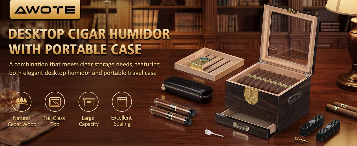 Premium Cedar Wood Cigar Humidor with Leather Case, Cigar Tube, Digital Hygrometer & 2 Humidifiers - Luxury Gift Set
