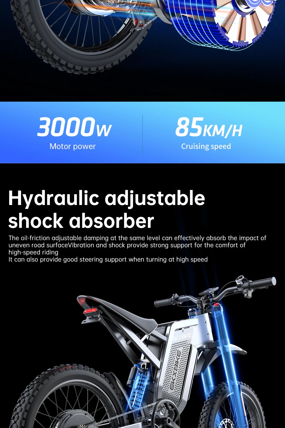 Electric Motorcycles 3000W Brushless Gearless Motors Speed 85Kmh Adult