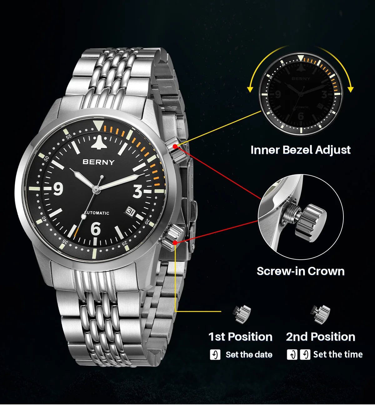 BERNY 20ATM Automatic Men's Diving Watches Top Luminous Sapphire AR Coated Diver Watches