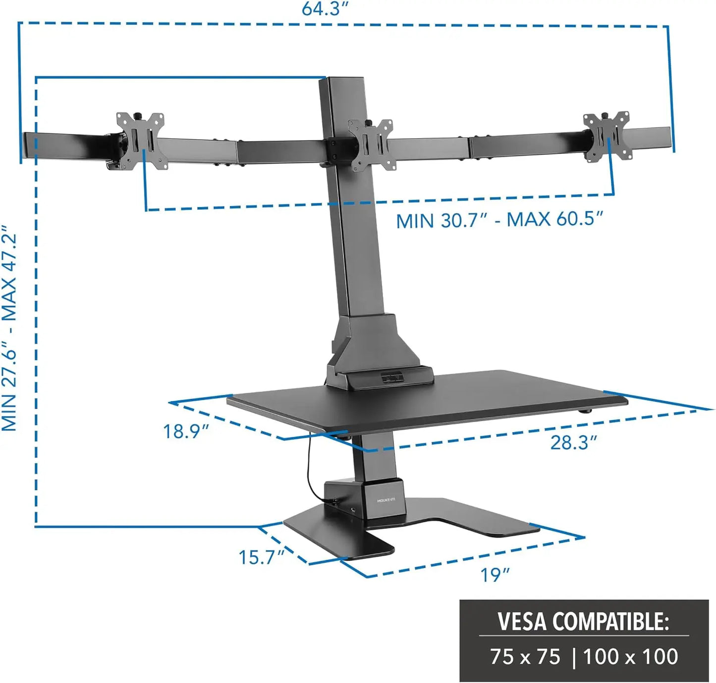 Triple Monitor Electric Standing Desk Converter - 3 Screens Stand Up Desk Riser - Height Adjustable Desktop & 3 Mounts
