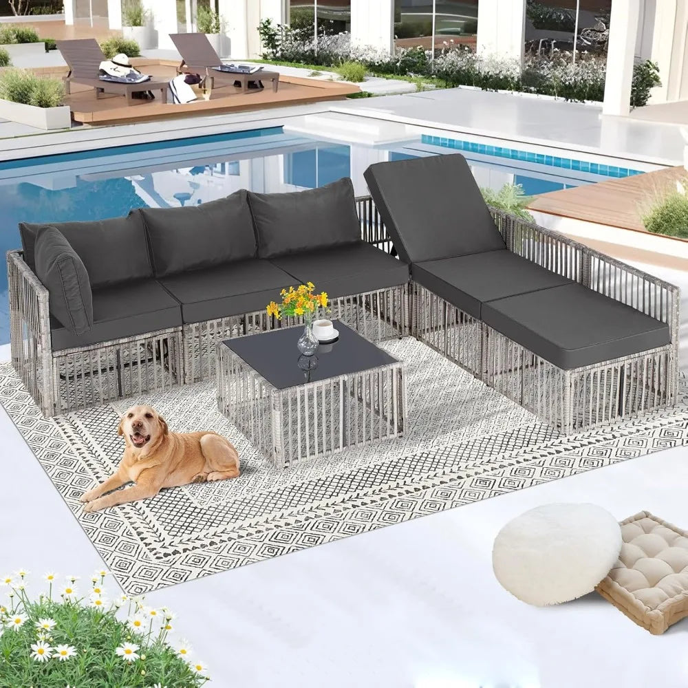 7 Pieces  Outdoor Patio Furniture Set, Wicker Outdoor Sectional
