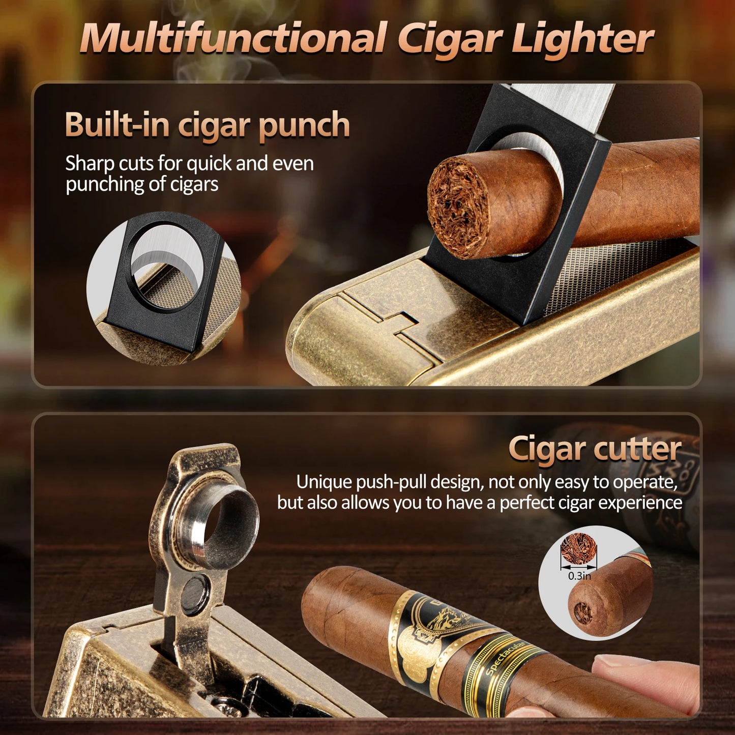 Leather Cigar Humidor with Cigar Lighter, Built-in Straight Cigar Cutter and Cigar Punch,