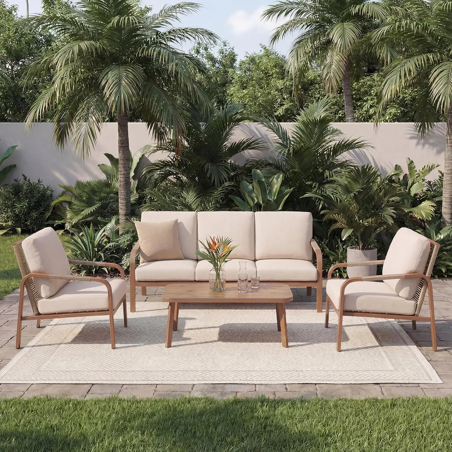 4pc Aluminum Outdoor Sofa Set w/ Coffee Tab 3Seat Rattan Backrest