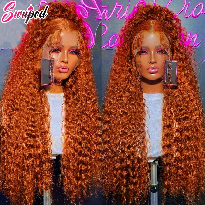 220% Density Transparent HD Lace Front Wig Wave Remy Human Hair Ginger Orange 350# Loose Curly