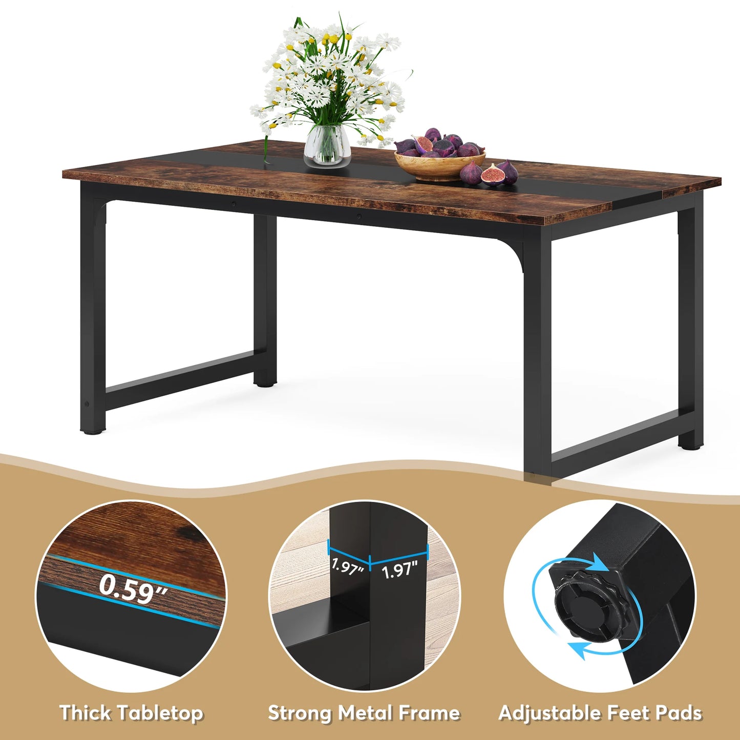 Dining Table, Industrial Kitchen Table for 6-8 Person,