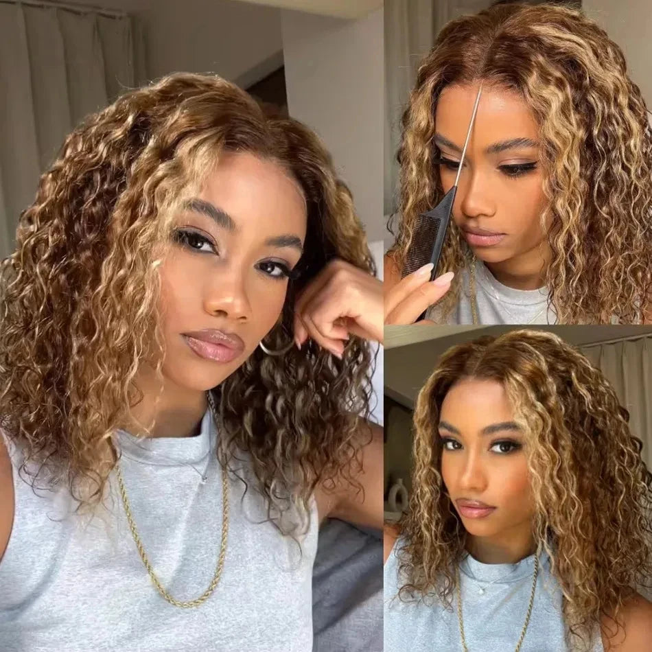 Curly Short Bob Wig Highlight 4/27 Honey Blonde Human Glueless