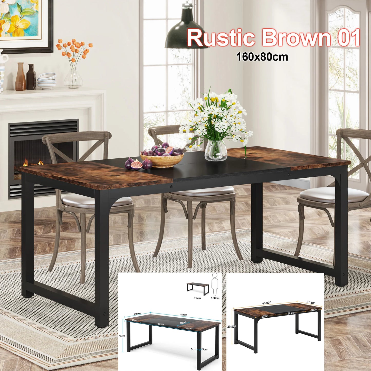 Dining Table, Industrial Kitchen Table for 6-8 Person,