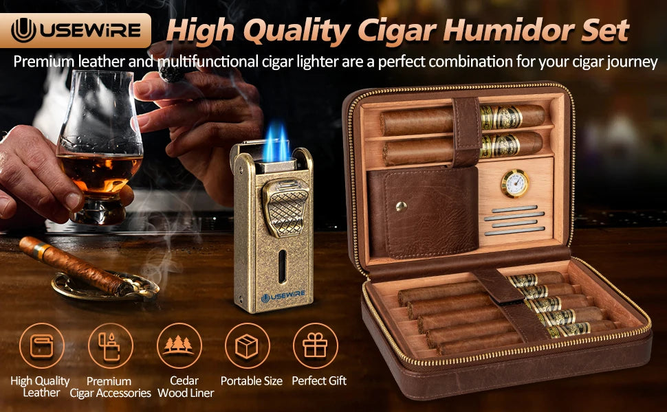 Leather Cigar Humidor with Cigar Lighter, Built-in Straight Cigar Cutter and Cigar Punch,