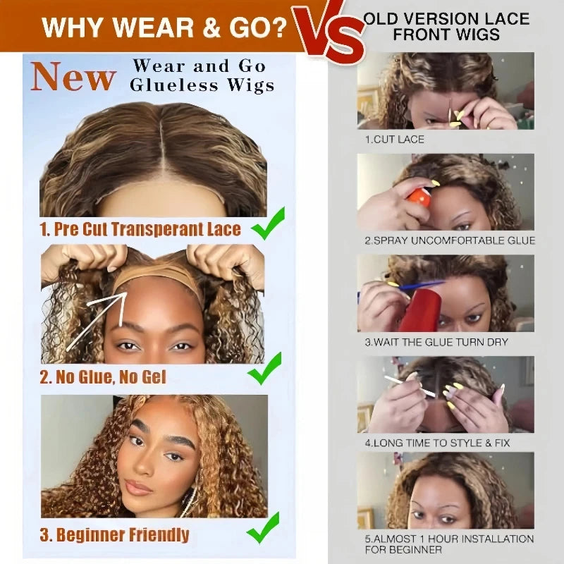 Curly Short Bob Wig Highlight 4/27 Honey Blonde Human Glueless