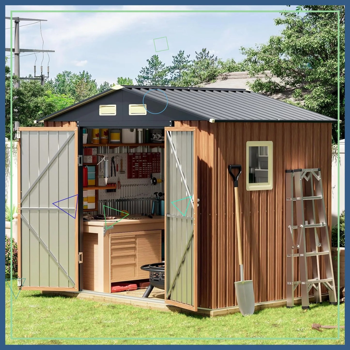 8x6 Ft Outdoor Storage Shed with Window, Lockable Doors, Steel Garden Shed for Backyard, Patio Tool Storage