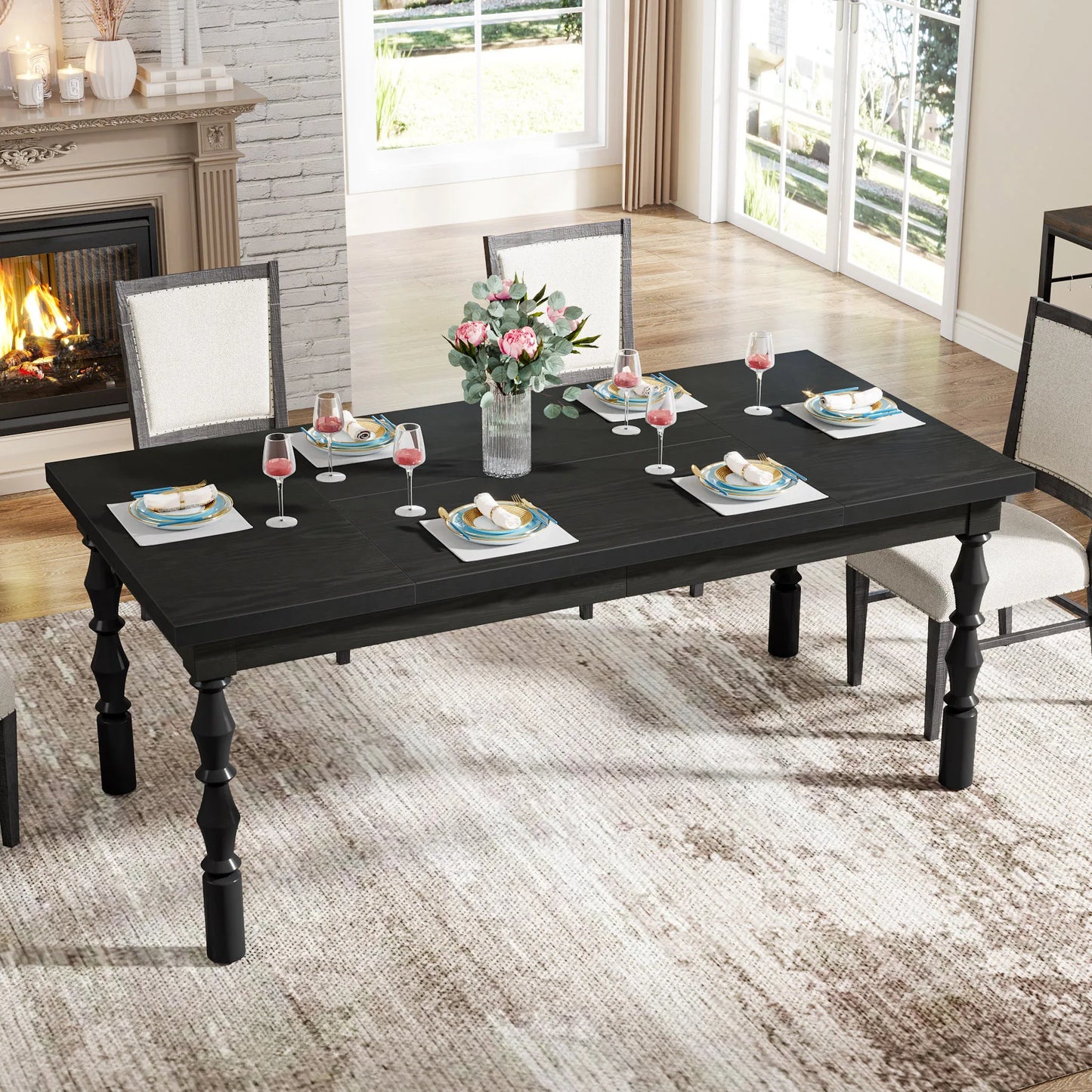 62” Wood Patio Table for 4-6 People, Farmhouse Large Indoor