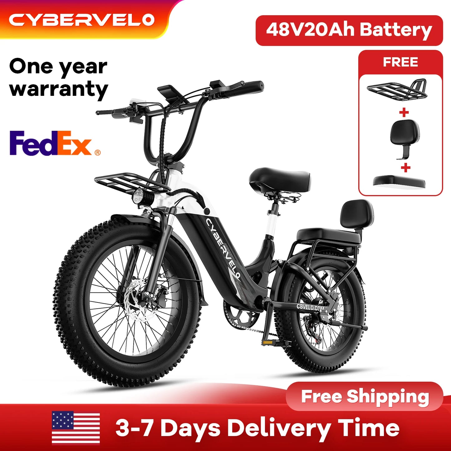 Step-Thru Electric Bike for Adults and Youths,  30+MPH, 20" Fat Tire 7-Speed