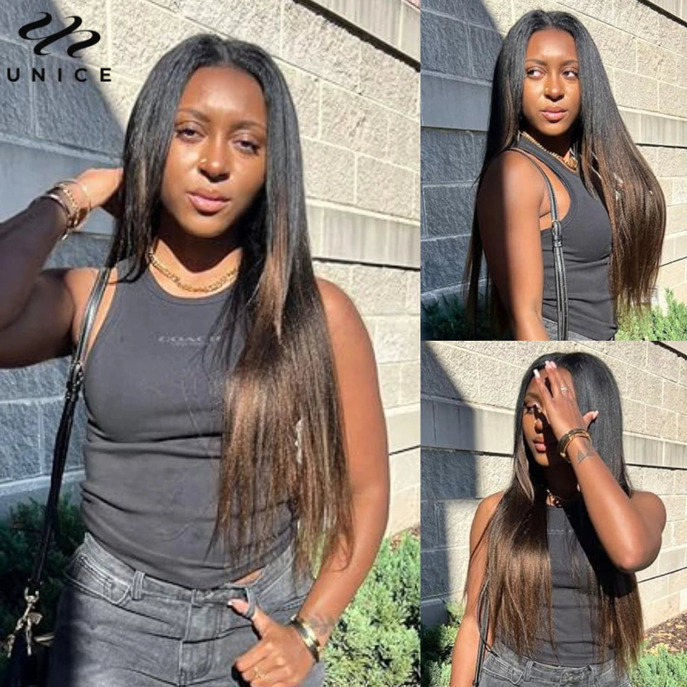 Straight V Part Wig Ombre Brown Color 100% Human Hair Wig
