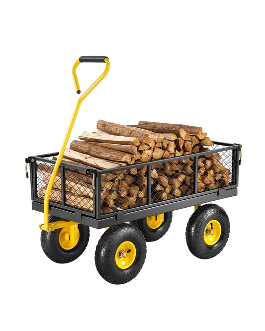 Steel Garden Cart Pullable on Wheels Metal Yard Wagon Cart W/ All Terrain Tires