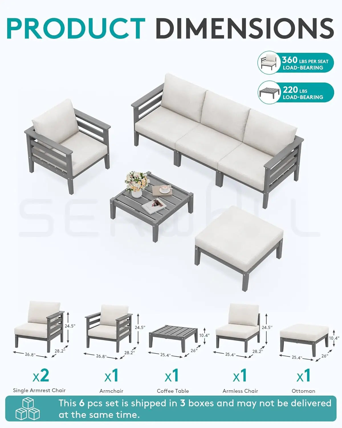 Patio Furniture Set, 6 Pieces Outdoor Sectional Sofa Set, All-Weather