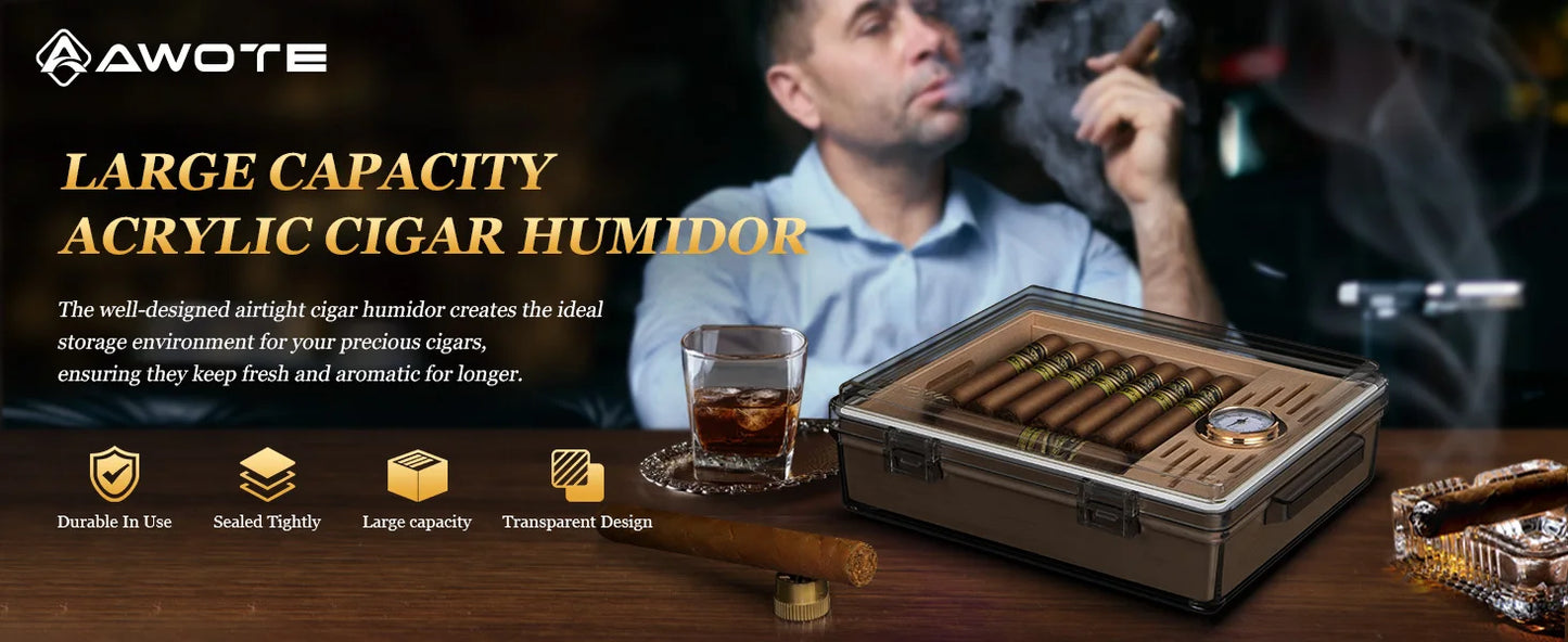 Acrylic Cigar Humidor, Cigar Box with Hygrometer, Humidifier and Cedar Wood Tray, Desktop Cigar Case Can Hold About 20-30 Cigars
