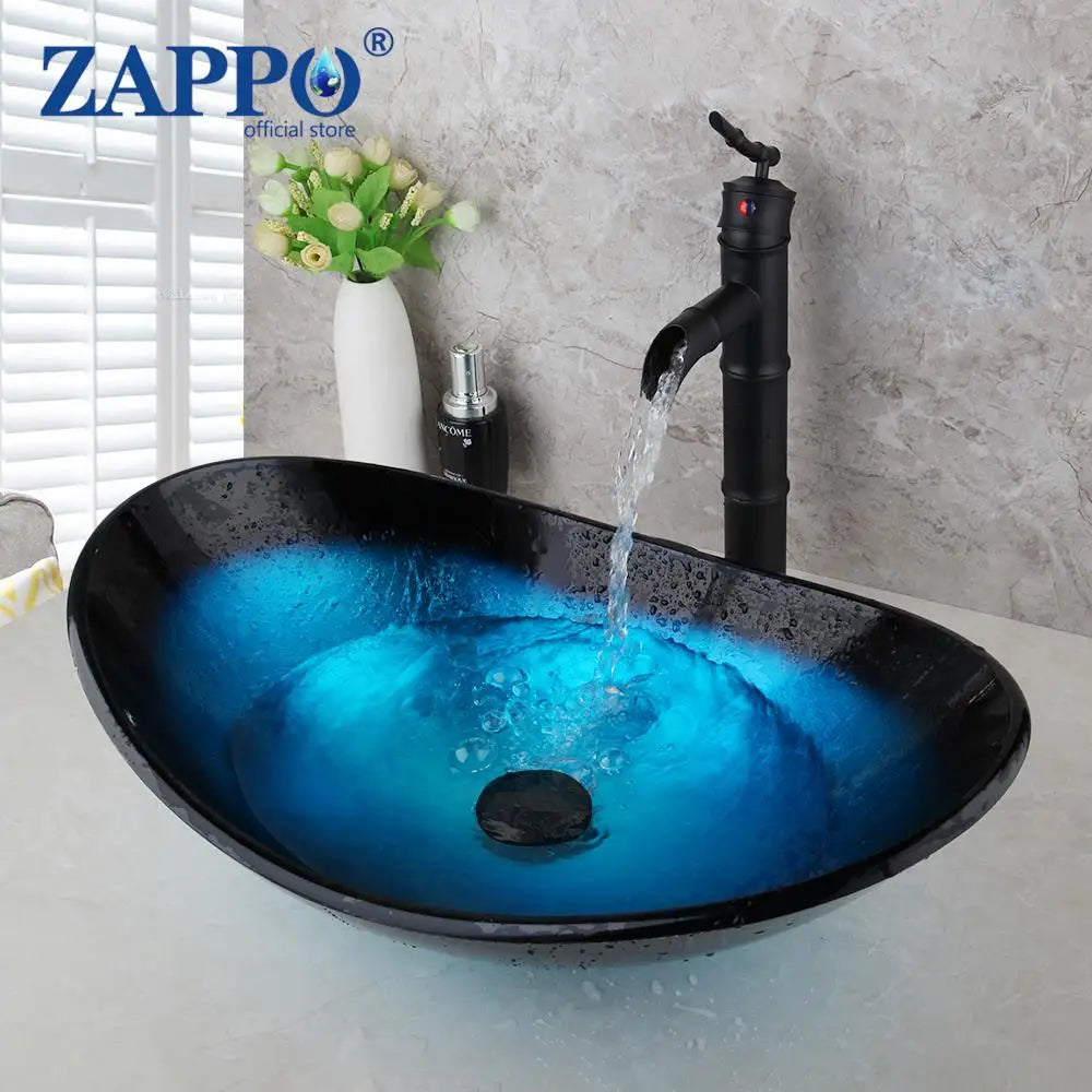 Tempered Glass Bathroom Vessel Sink with Waterfall Black Faucet