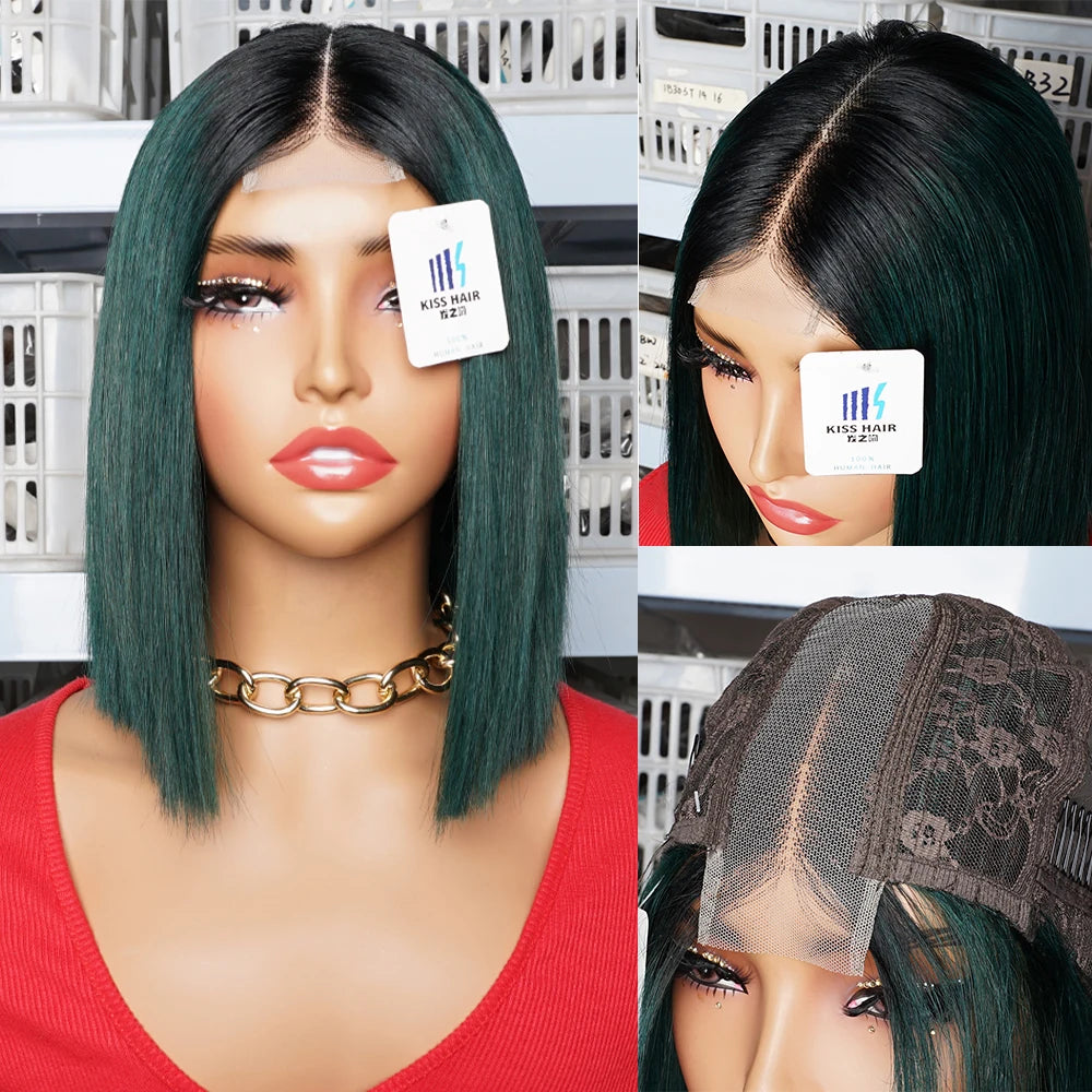 Green Short Bob Wig 2*4 Lace Wig Middle Part 300% Bone Straight