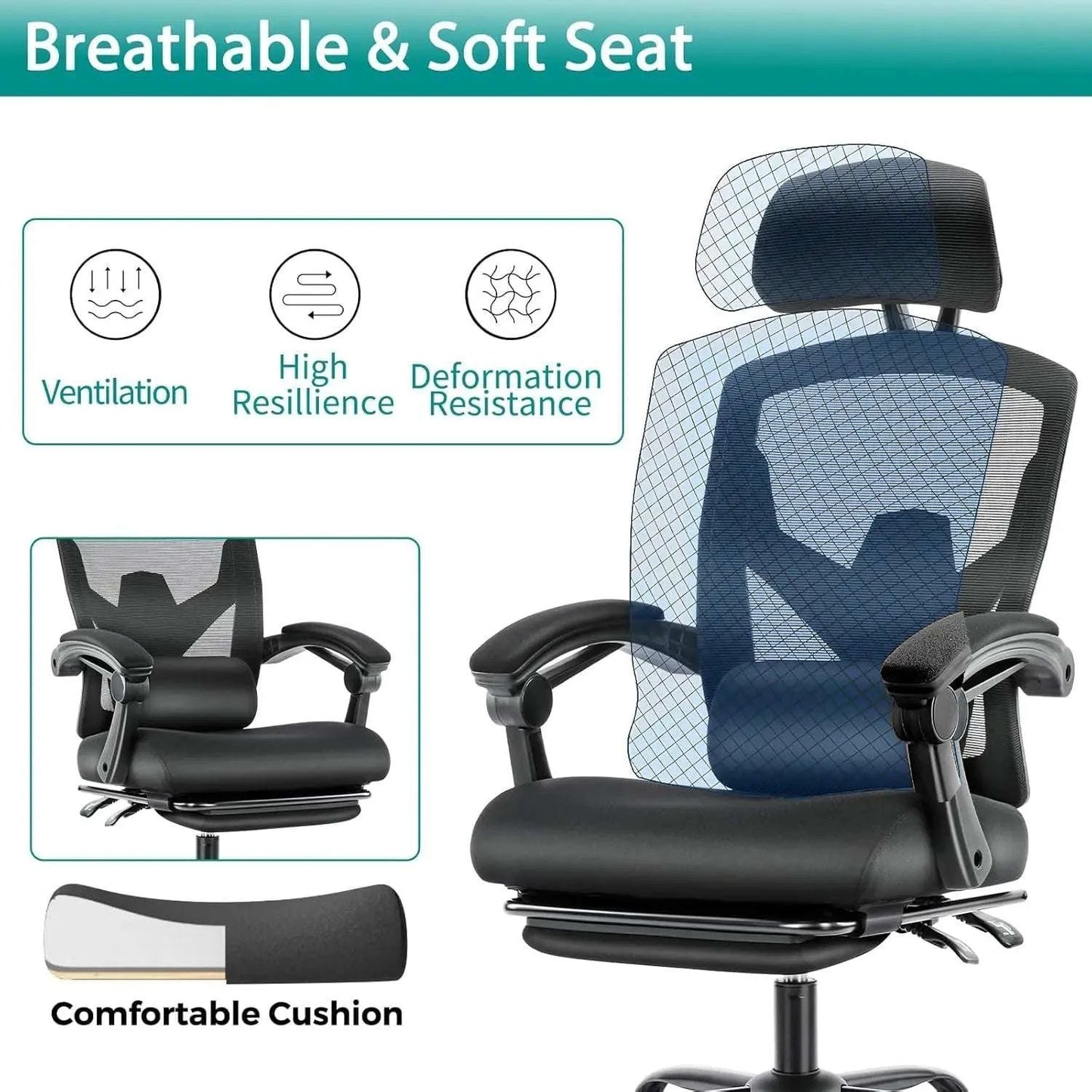 High Back Mesh Rolling Swivel Reclining Office Desk Chair Footrest Headrest Lumbar Support Comfy Arms Wheels