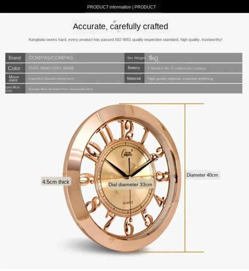 16-inch Large Wall Clock Vintage Silent Luxury Gold Shabby Chic Kitchen Home Wall Clocks