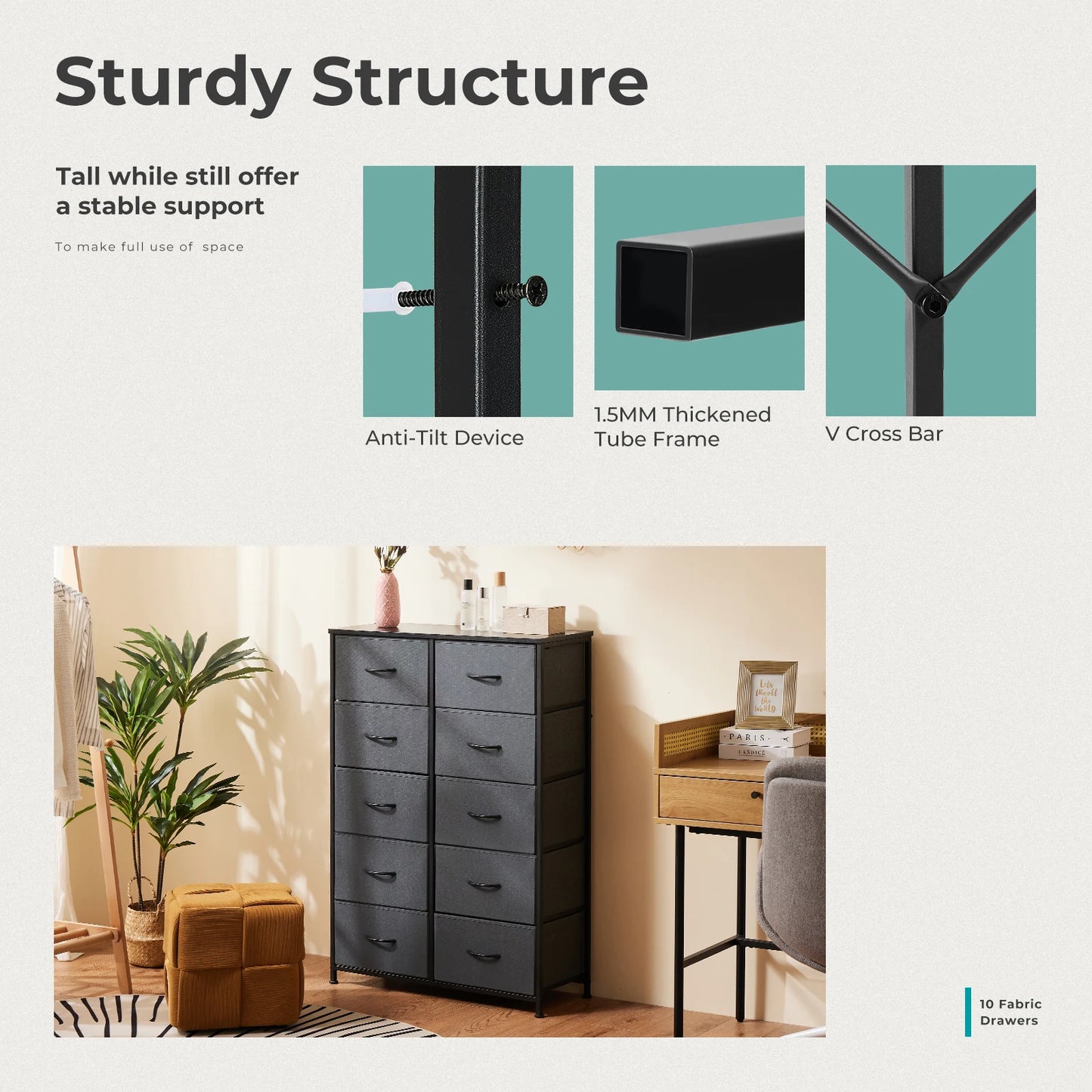 Bedside Table For Bedroom With 10 Fabric Drawers Nightstand Storage