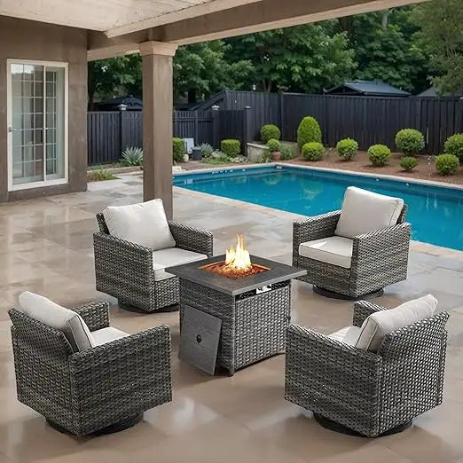 Outdoor Swivel Rocker Chairs Set of 4 with Fire Pit Table