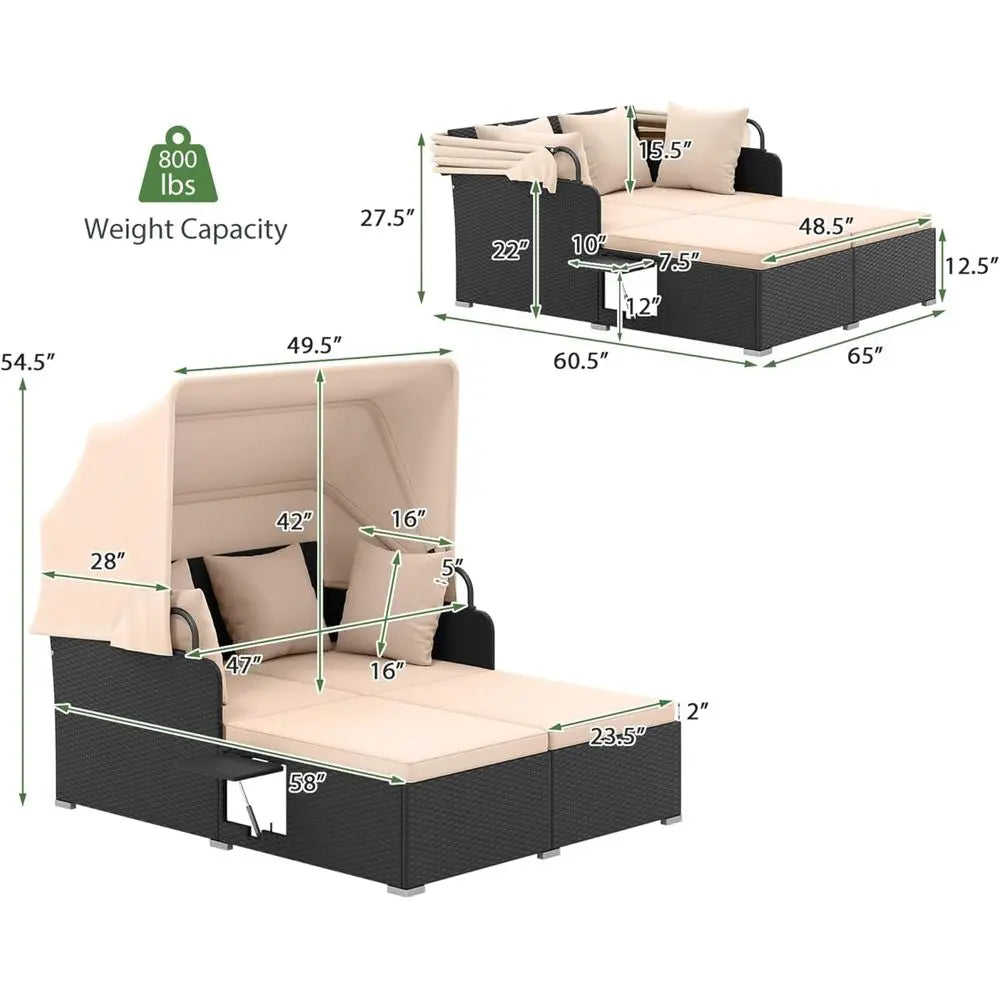 Patio Rattan Daybed with Retractable Canopy,  Outdoor Wicker with 2 Foldable Side Tables,