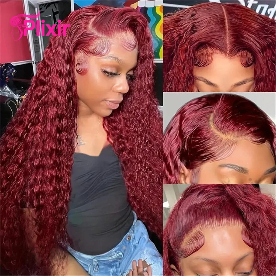 Burgundy 13x6 HD Lace Frontal Human Hair Wig Deep Water Wave Curly Lace Front Wig