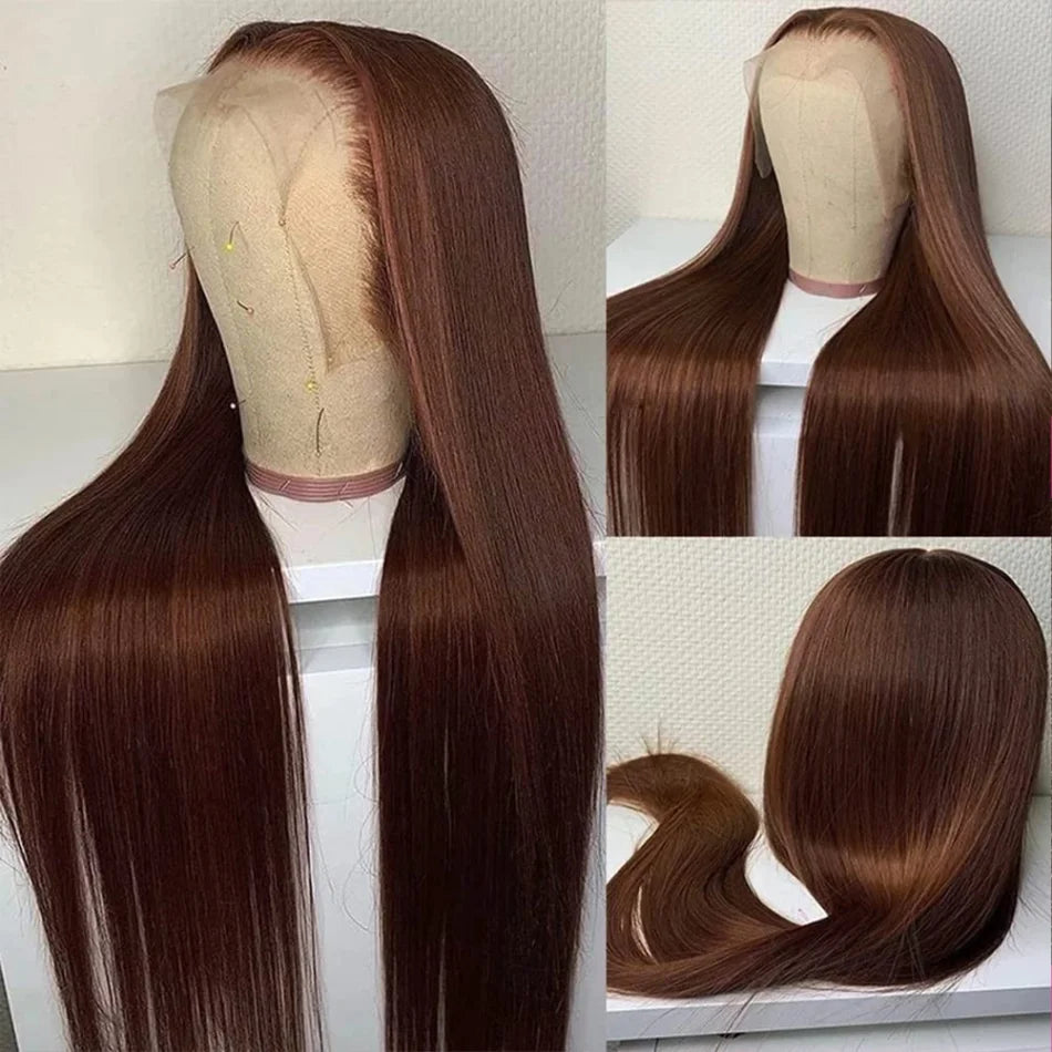 Chocolate Brown Human Hair Wig Colored Straight 13X6 Hd Lace Frontal Wig
