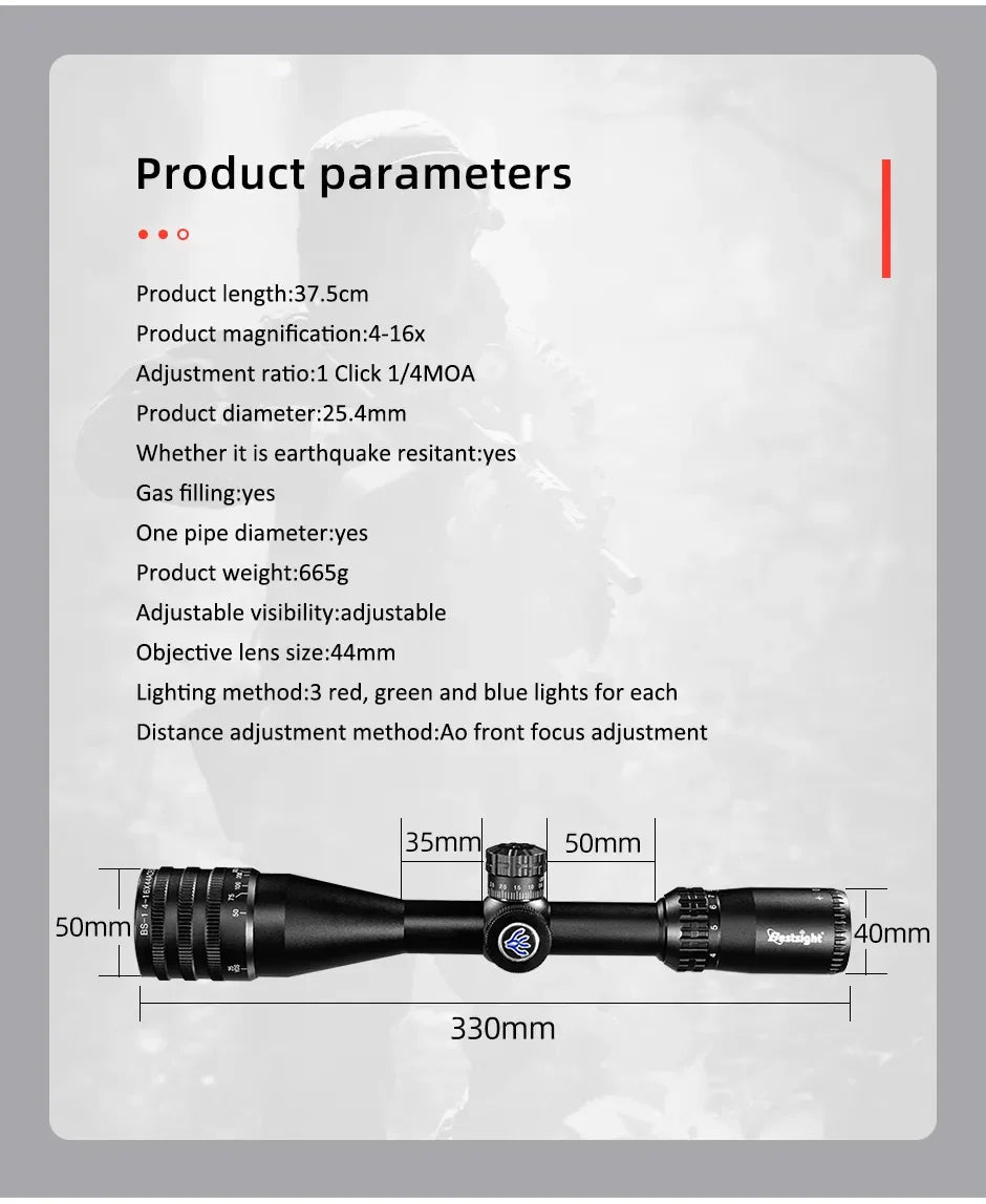 Tactical 4-16x44 Riflescope Hunting Scopes Tactical Airsoft Red Green Illuminated Sight Sniper