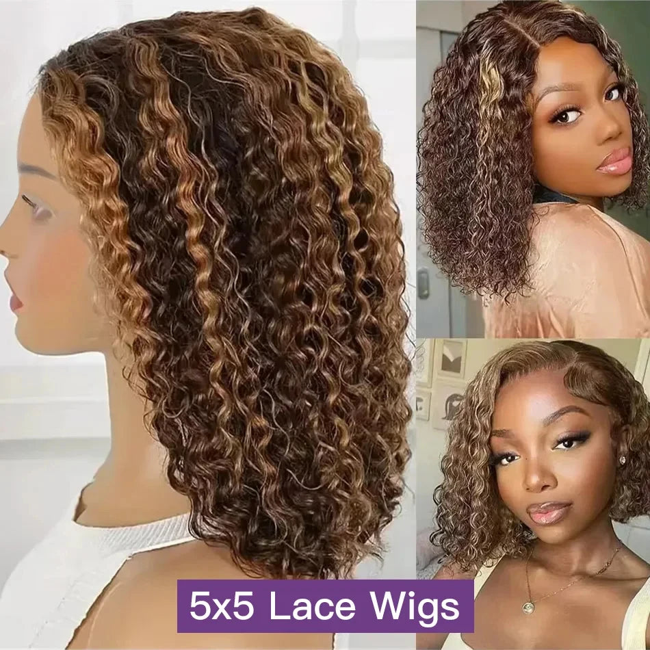 Curly Short Bob Wig Highlight 4/27 Honey Blonde Human Glueless