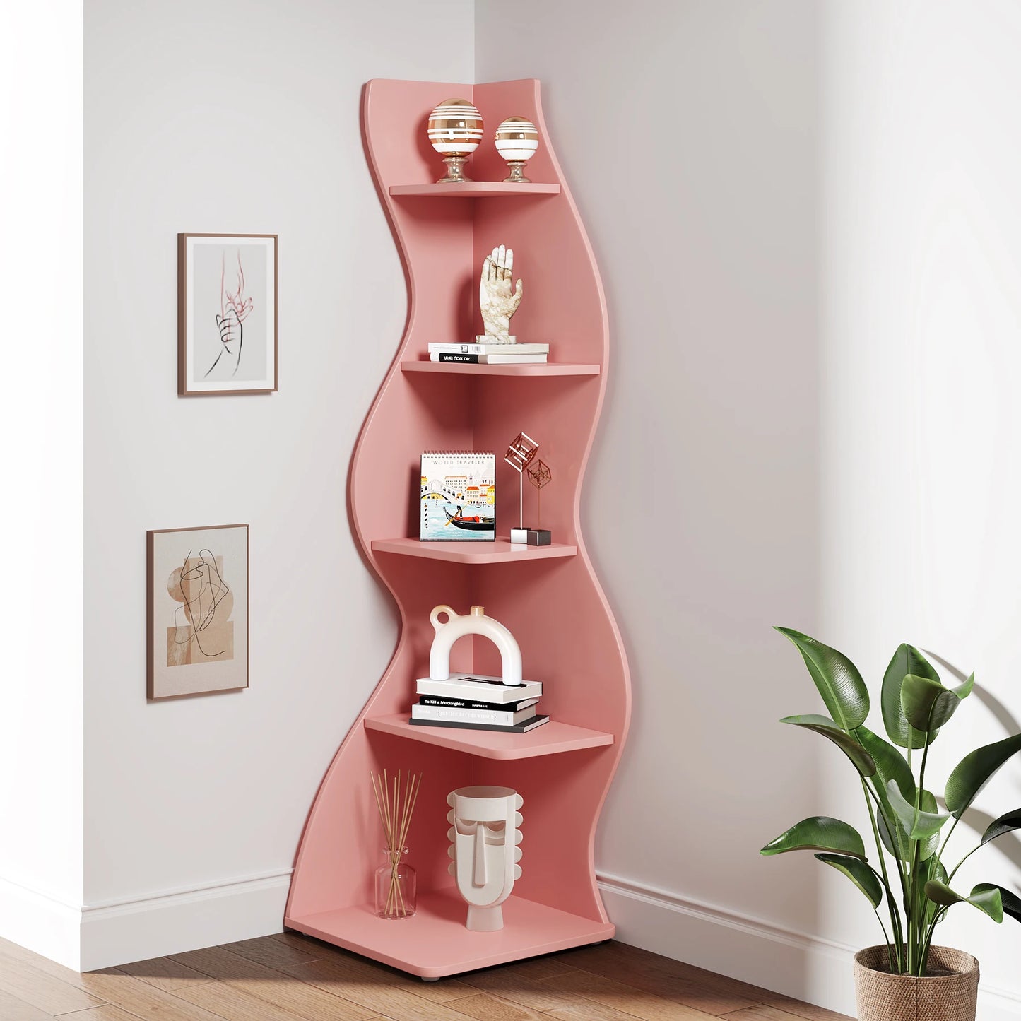 Corner Shelf, Modern 5-Tier Wall Corner Bookshelf,