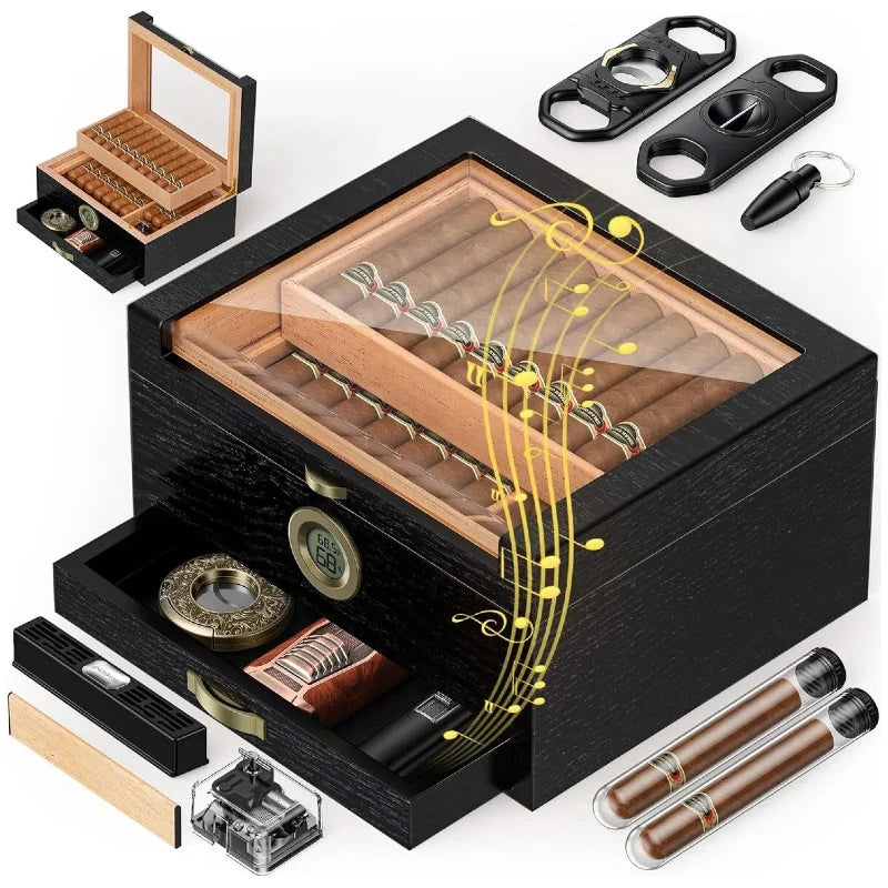 Cigar Humidor with Music Box System Cigar Humidor  and Cedar Wood Tray-Transparent Top Desktop Humidor Digital Hygrometer & Humidifier