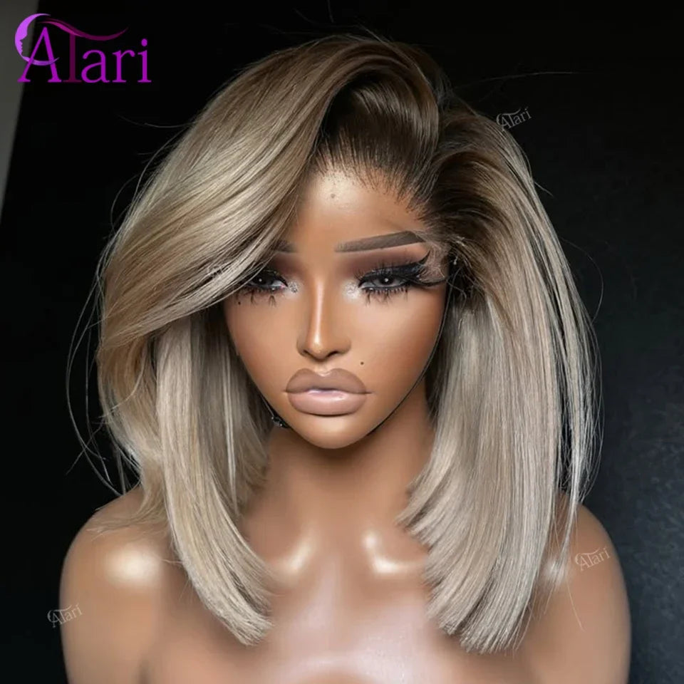 Ash Blonde with Brown Roots Short Bob Wig Transparent 13x4
