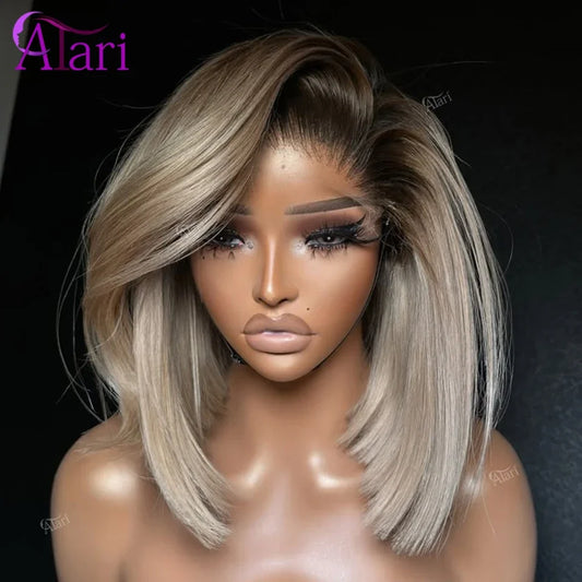 Ash Blonde with Brown Roots Short Bob Wig Transparent 13x4