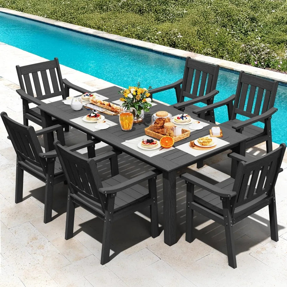 HIPS Patio Set Table : 7 Piece Outdoor Table and Chairs Dining Furniture Set with Umbrella Hole - Black Modern Plastic Dining Se