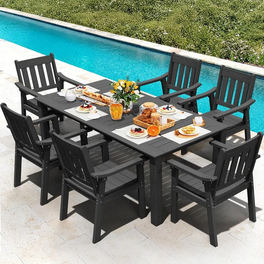 HIPS Patio Set Table : 7 Piece Outdoor Table and Chairs Dining Furniture Set with Umbrella Hole - Black Modern Plastic Dining Se