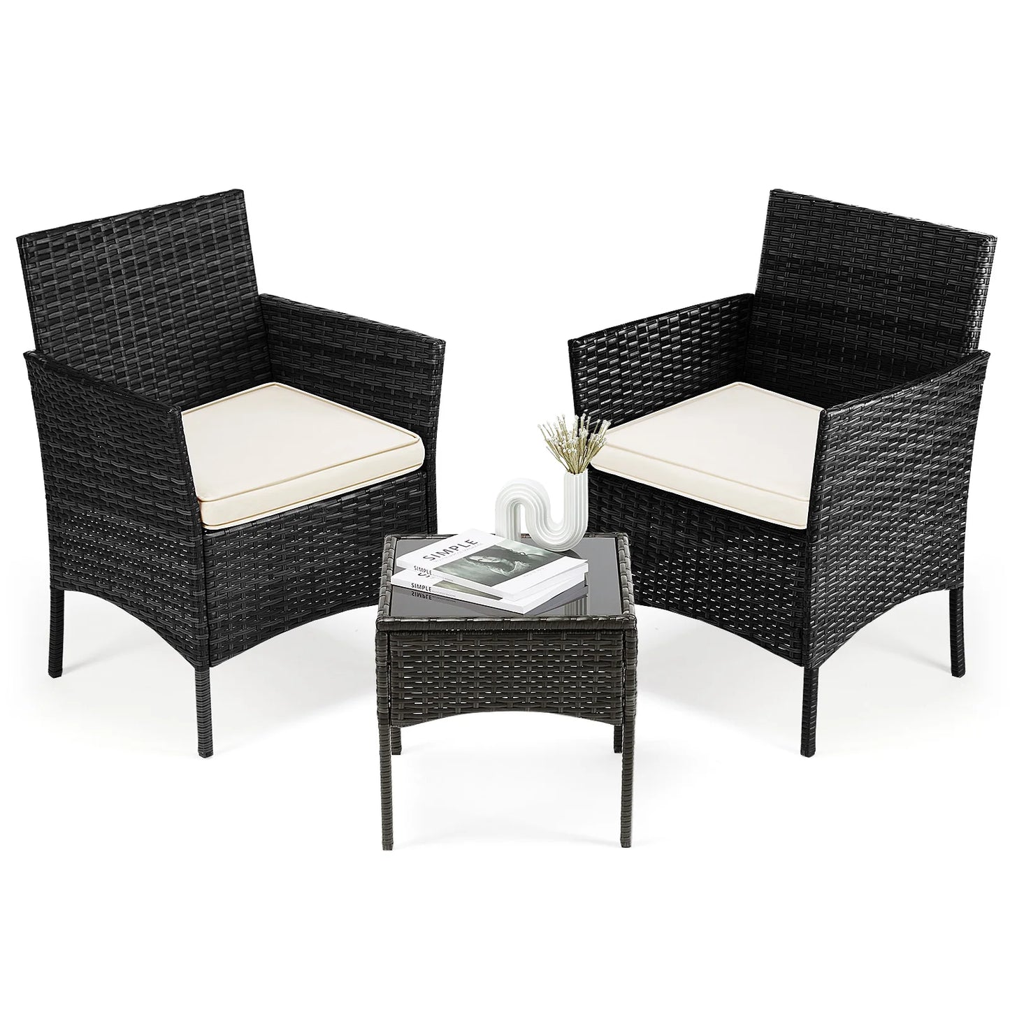 3 Pieces Outdoor Patio Furniture Set Manual Weaving Wicker Rattan Patio Chairs with Soft Cushion and Glass Table For Garden