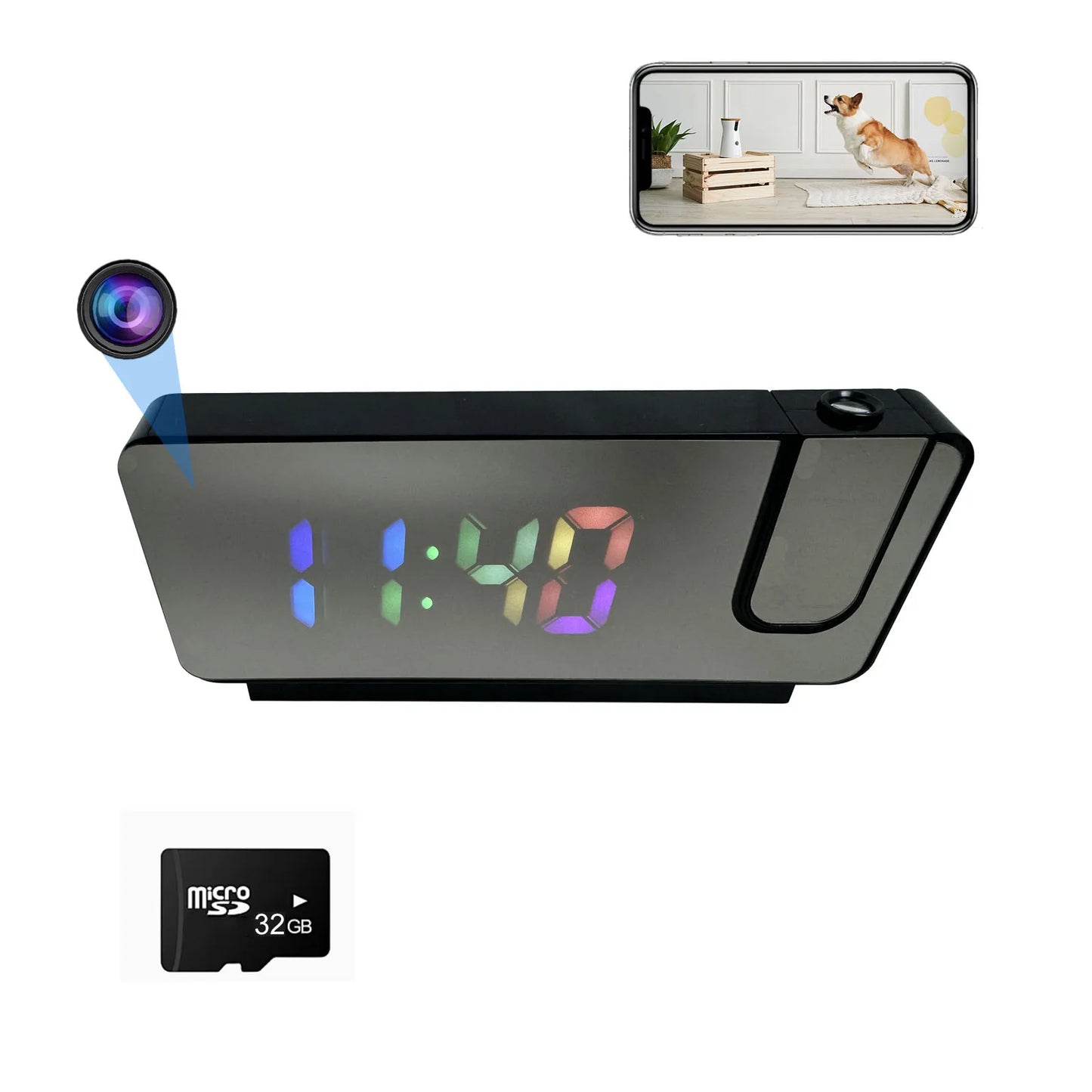 Projection Alarm Clock Camera with Wi-Fi, Motion Detection, Remote Viewing, Recording, Nanny Cam for Indoor Security