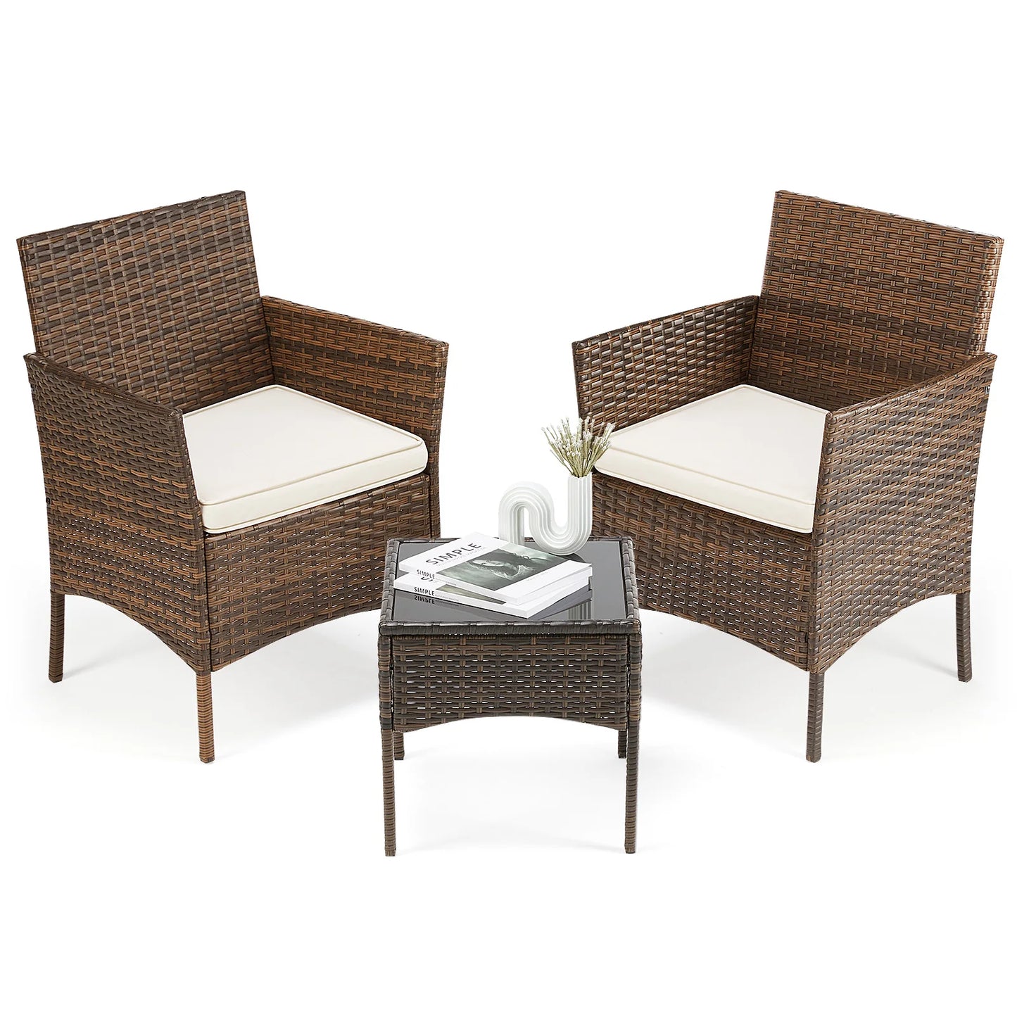 3 Pieces Outdoor Patio Furniture Set Manual Weaving Wicker Rattan Patio Chairs with Soft Cushion and Glass Table For Garden