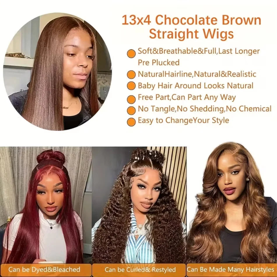 Chocolate Brown Human Hair Wig Colored Straight 13X6 Hd Lace Frontal Wig