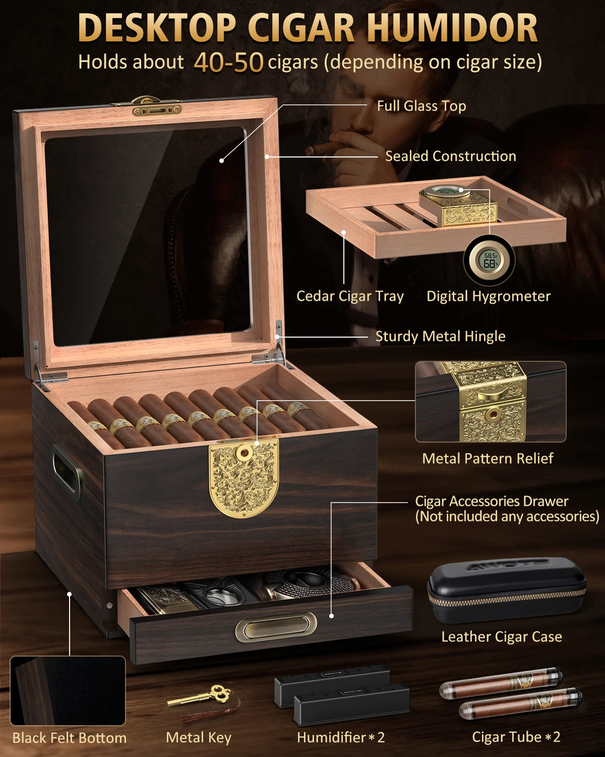 Premium Cedar Wood Cigar Humidor with Leather Case, Cigar Tube, Digital Hygrometer & 2 Humidifiers - Luxury Gift Set