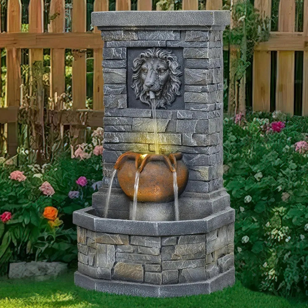 Outdoor Garden Floor-Standing Water Fountain Lion Head Stone