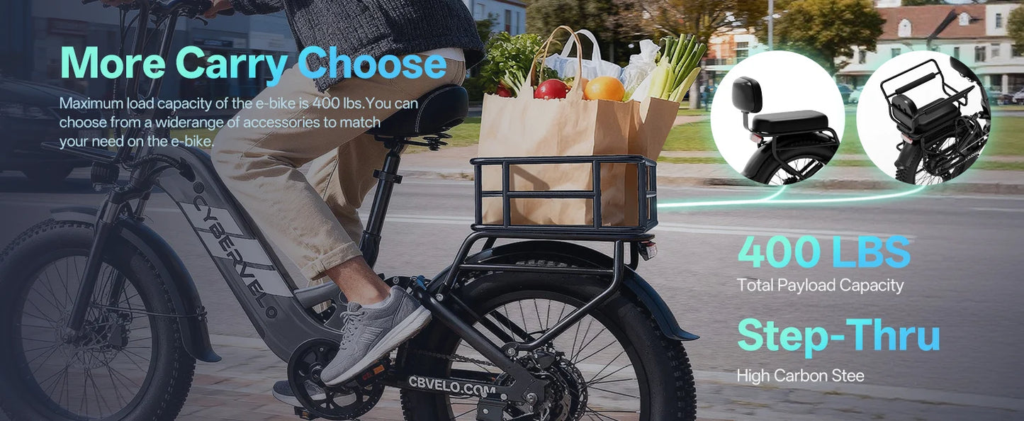 Step-Thru Electric Bike for Adults and Youths,  30+MPH, 20" Fat Tire 7-Speed