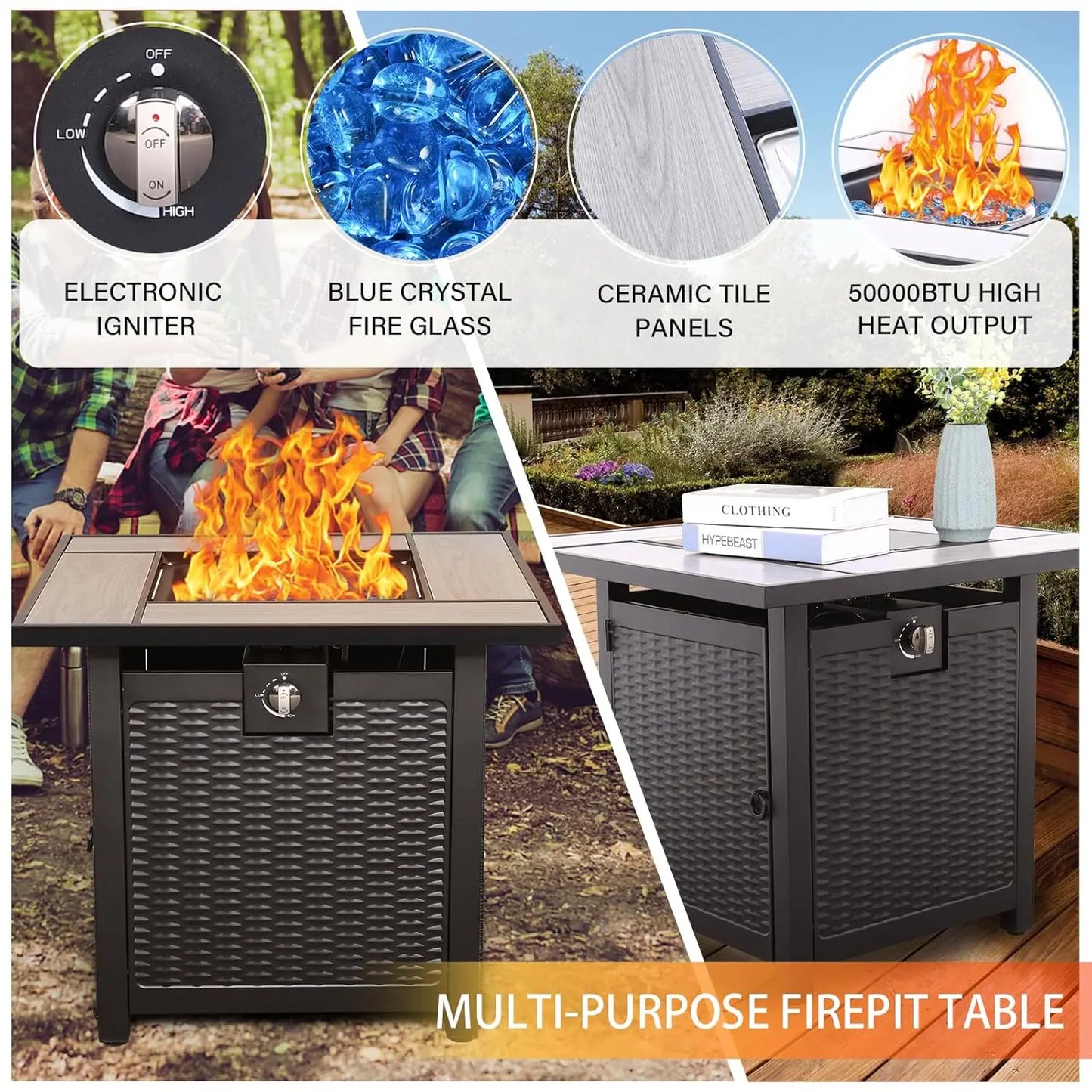 5 Piece Black Rattan Sectional Sofa Set with Propane Fire Pit Table