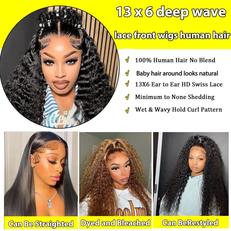 250 Density 13X6 Hd Lace Frontal Wig Deep Wave Human Hair Wigs 100%