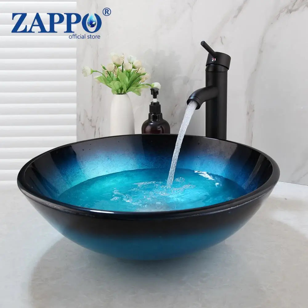 Tempered Glass Bathroom Vessel Sink with Waterfall Black Faucet
