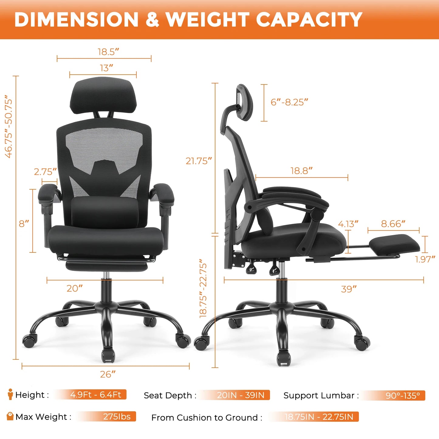 High Back Ergonomic Reclining Gaming Office Chair with Lumbar Support Pillow Meshair
