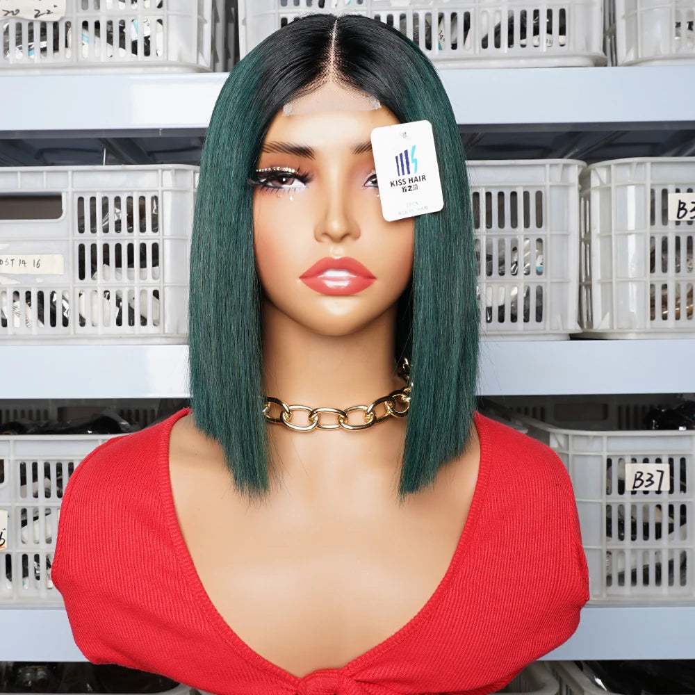 Green Short Bob Wig 2*4 Lace Wig Middle Part 300% Bone Straight