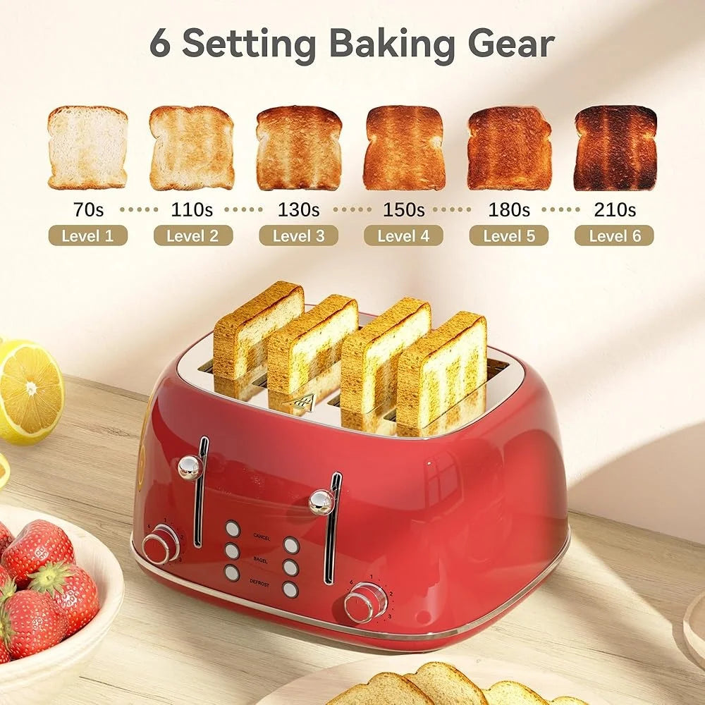 4 Slice Toaster Retro Design Stainless Steel 1.5 Inch Slots 6 Levels Dual Independent Controls Easy Clean Crumb Tray
